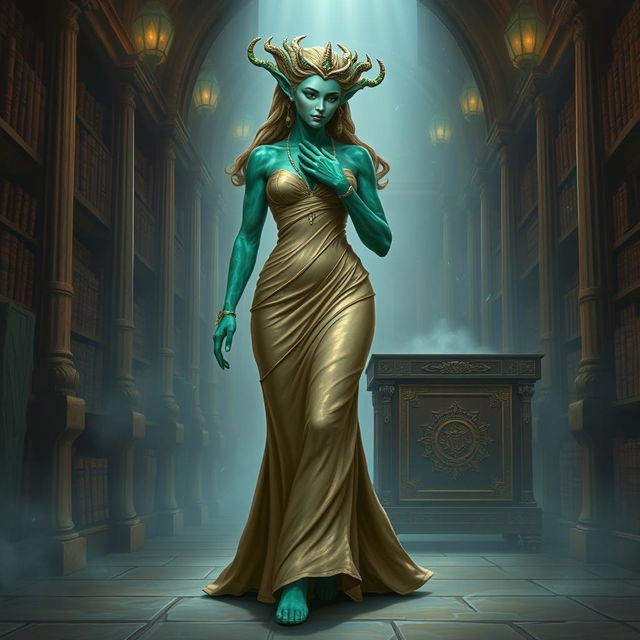 A captivating character portrait illustration of Dranni, an ethereal stone figure known as The Grand Librarian, Earth Mother, Green Sleeves, and the First Teacher of Man