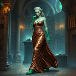 A stunning character portrait illustration of Dranni, the stone figure revered as The Grand Librarian, Earth Mother, Green Sleeves, and the First Teacher of Man