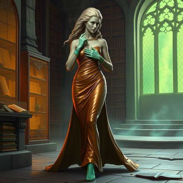 A stunning character portrait illustration of Dranni, the stone figure revered as The Grand Librarian, Earth Mother, Green Sleeves, and the First Teacher of Man