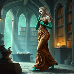 A stunning character portrait illustration of Dranni, the stone figure revered as The Grand Librarian, Earth Mother, Green Sleeves, and the First Teacher of Man