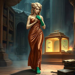 A stunning character portrait illustration of Dranni, the stone figure revered as The Grand Librarian, Earth Mother, Green Sleeves, and the First Teacher of Man