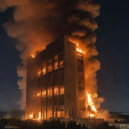 A large concrete building in the midst of a blazing inferno, with flames licking the sides and smoke billowing into the night sky.