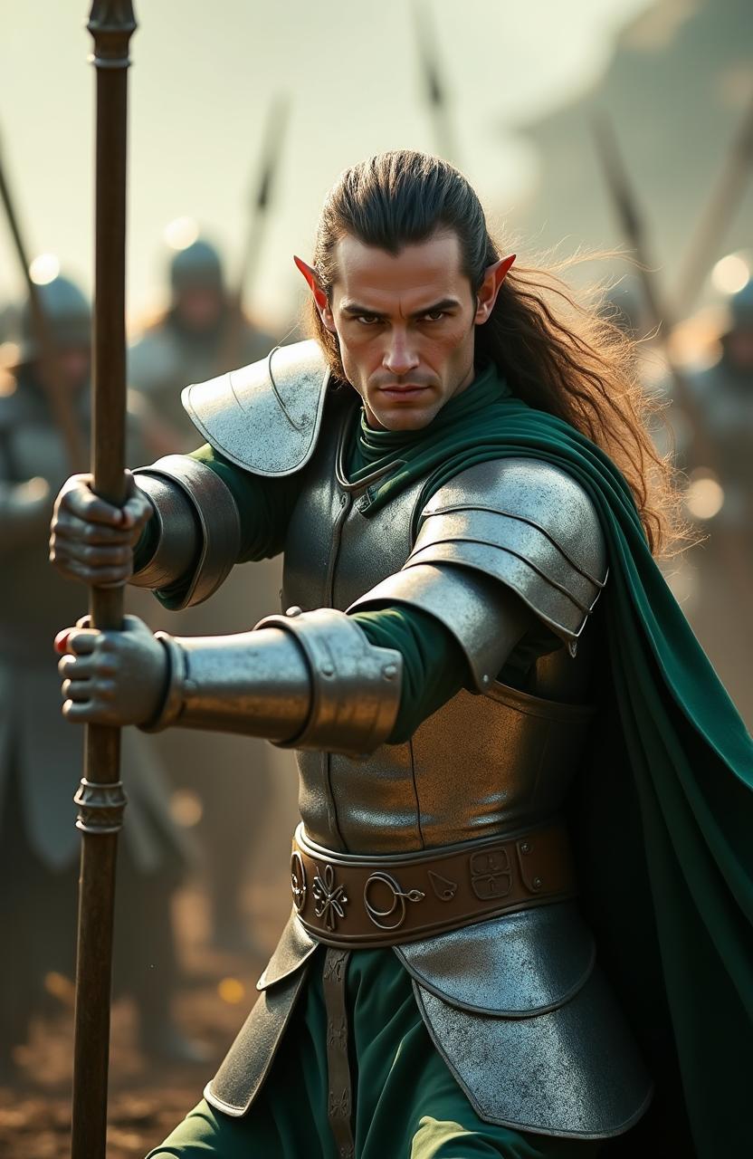 A live action hyper-realistic image of a clean-shaven Gil-Galad, the elven king from 'The Lord of the Rings', depicted in an exhilarating action shot as he swings his spear in a powerful motion