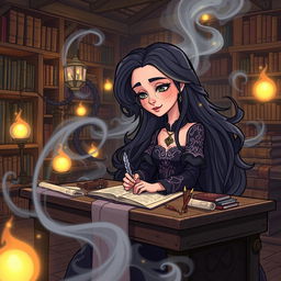 A cartoonish illustration of a woman with a dark aura, immersed in writing her fantasy novel titled 'Unbound' by Anan