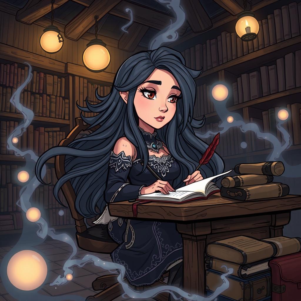 A cartoonish illustration of a woman with a dark aura, immersed in writing her fantasy novel titled 'Unbound' by Anan