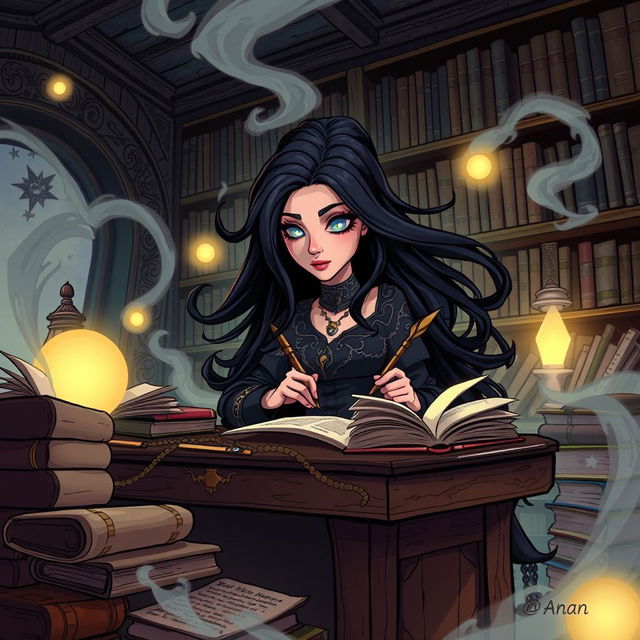 A cartoonish illustration of a woman with a dark aura, immersed in writing her fantasy novel titled 'Unbound' by Anan