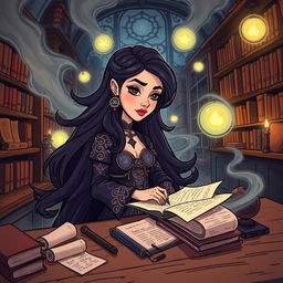 A cartoonish illustration of a woman with a dark aura, immersed in writing her fantasy novel titled 'Unbound' by Anan