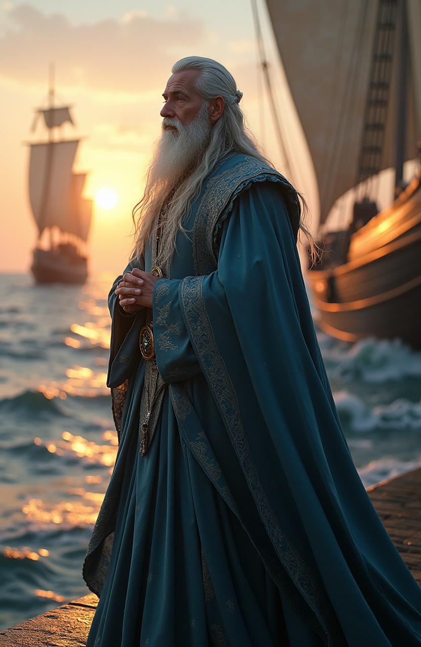 A live action hyper-realistic image of Círdan, the Wise, from 'The Lord of the Rings', standing majestically on a ship dock