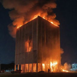 A large concrete building in the midst of a blazing inferno, with flames licking the sides and smoke billowing into the night sky.