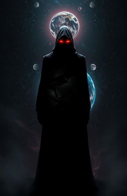 A mysterious shadowy figure with glowing red eyes, standing before a beautifully detailed Earth, surrounded by stars and cosmic elements