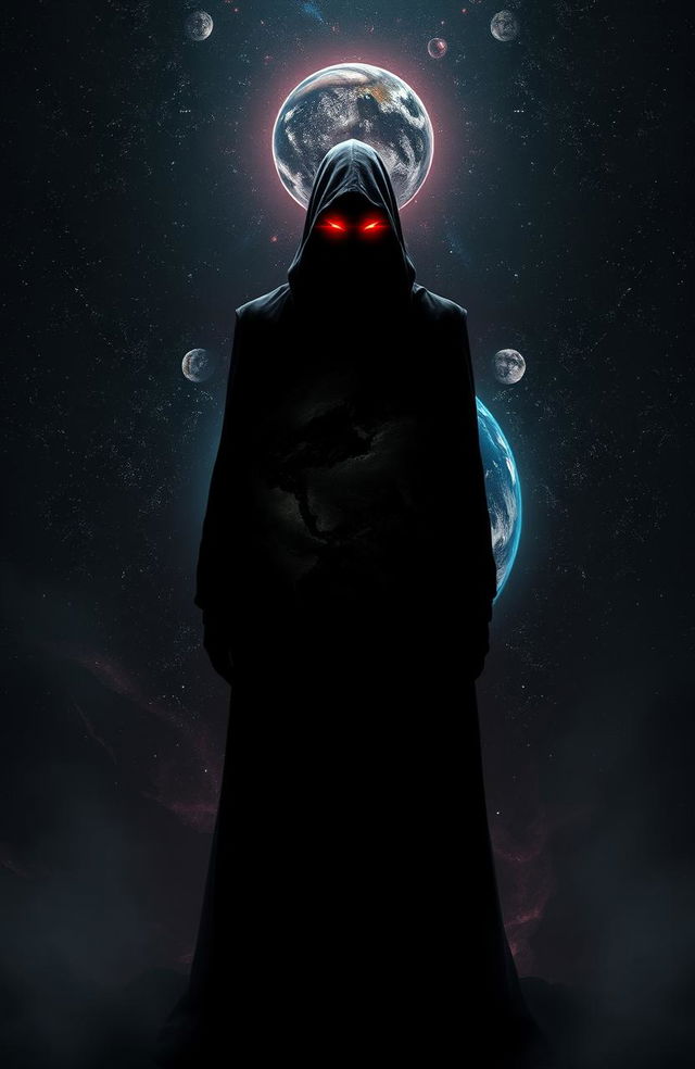 A mysterious shadowy figure with glowing red eyes, standing before a beautifully detailed Earth, surrounded by stars and cosmic elements