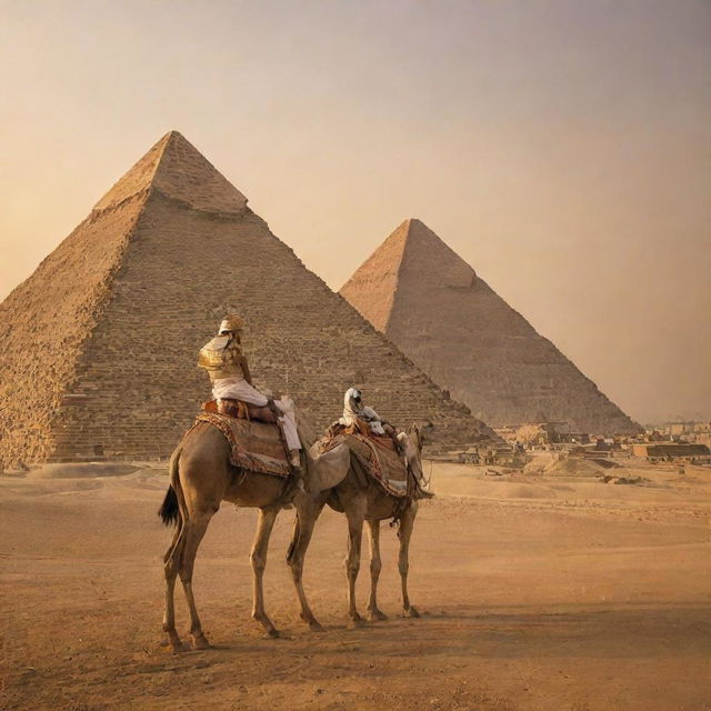 The Pyramids of Giza, under the orange setting sun, with the imposing image of Pharaoh, Fir’aun, standing regally in a regal chariot, wearing his golden attire and headdress