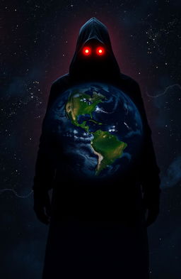 A mysterious shadowy figure with glowing red eyes, standing before a beautifully detailed Earth, surrounded by stars and cosmic elements