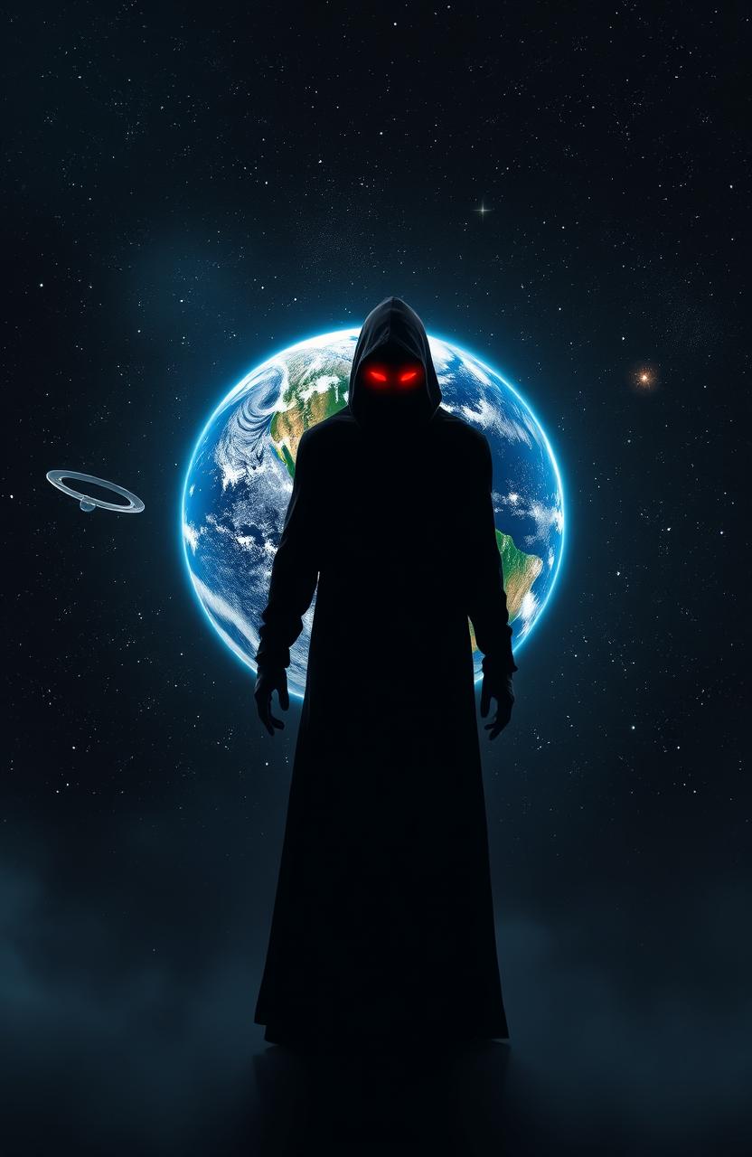 A mysterious shadowy figure with glowing red eyes, standing before a beautifully detailed Earth, surrounded by stars and cosmic elements