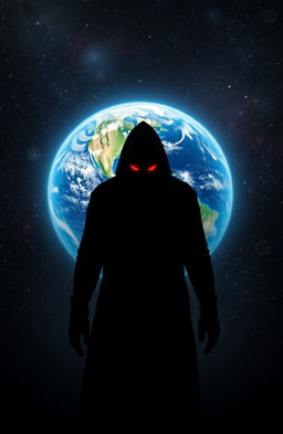 A mysterious shadowy figure with glowing red eyes, standing before a beautifully detailed Earth, surrounded by stars and cosmic elements