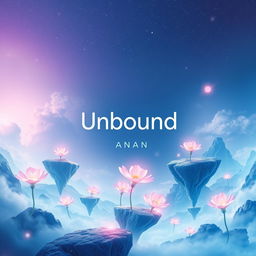 A visually striking book cover design for 'Unbound' written by Anan, featuring an ethereal landscape with surreal elements like floating islands and luminous flowers