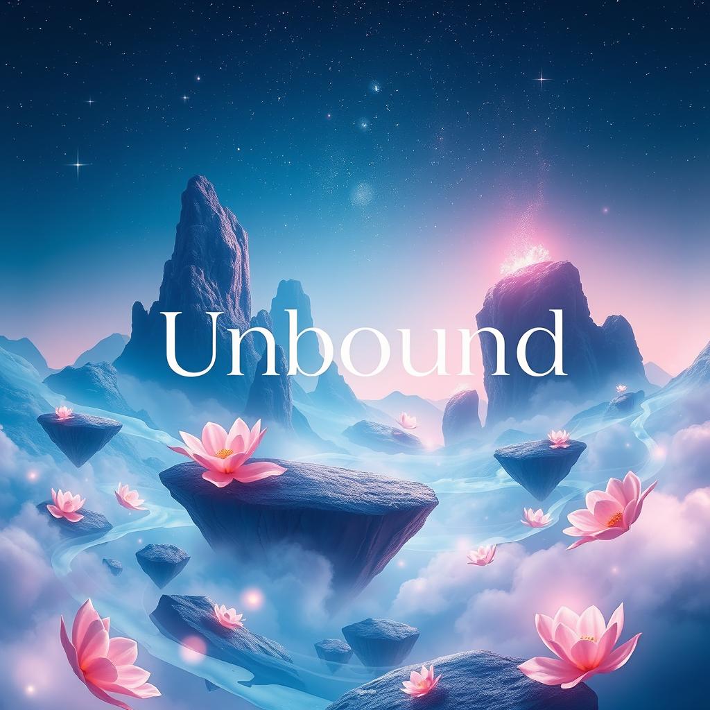 A visually striking book cover design for 'Unbound' written by Anan, featuring an ethereal landscape with surreal elements like floating islands and luminous flowers