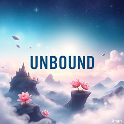 A visually striking book cover design for 'Unbound' written by Anan, featuring an ethereal landscape with surreal elements like floating islands and luminous flowers