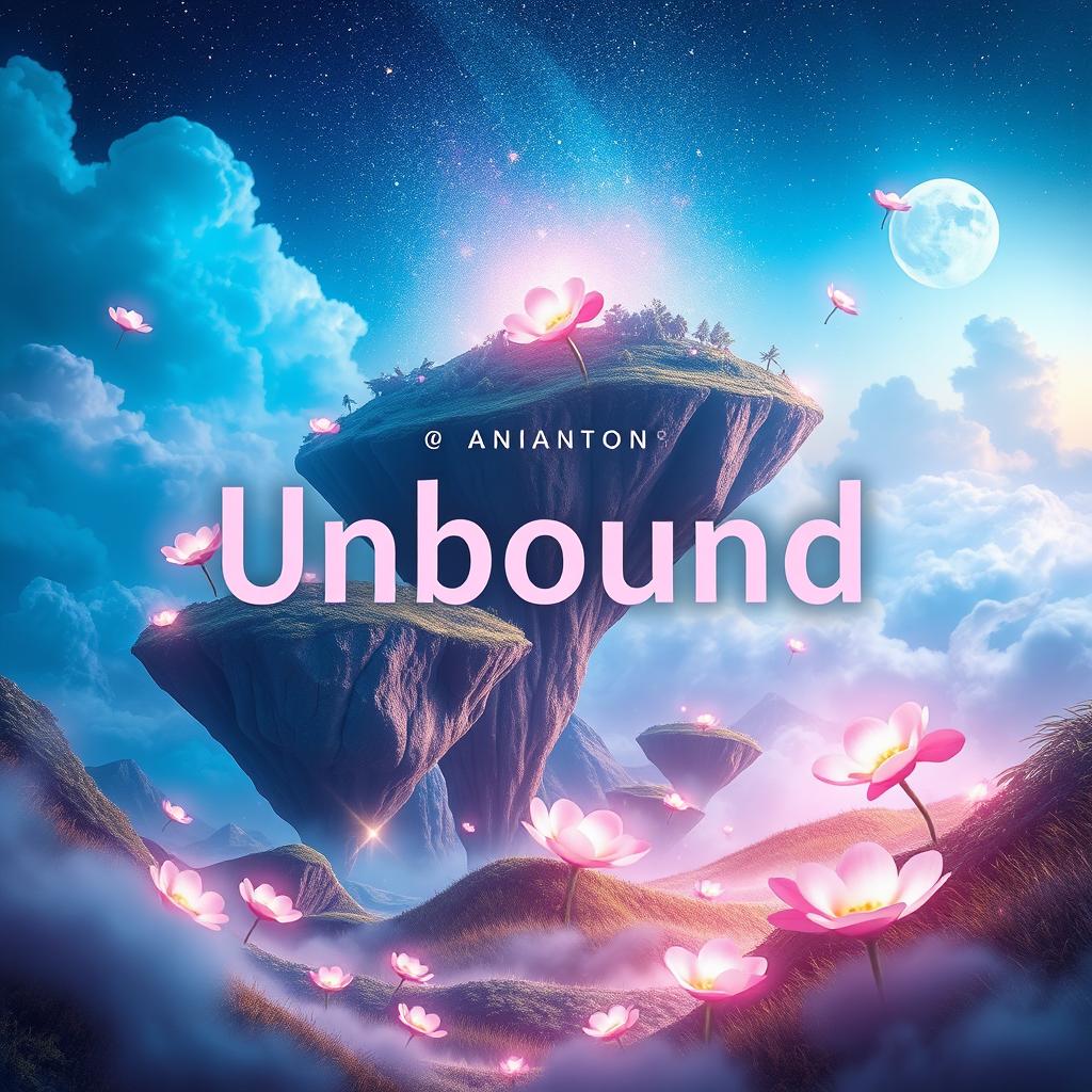 A visually striking book cover design for 'Unbound' written by Anan, featuring an ethereal landscape with surreal elements like floating islands and luminous flowers