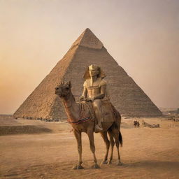 The Pyramids of Giza, under the orange setting sun, with the imposing image of Pharaoh, Fir’aun, standing regally in a regal chariot, wearing his golden attire and headdress