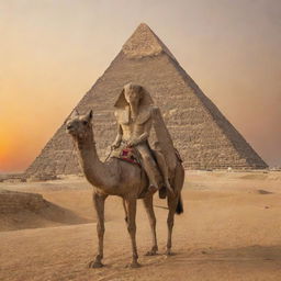 The Pyramids of Giza, under the orange setting sun, with the imposing image of Pharaoh, Fir’aun, standing regally in a regal chariot, wearing his golden attire and headdress