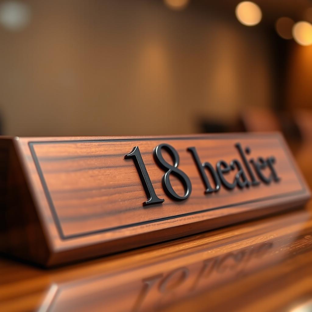 A close-up view of a stylish name plate featuring the number 18 designed in an elegant font