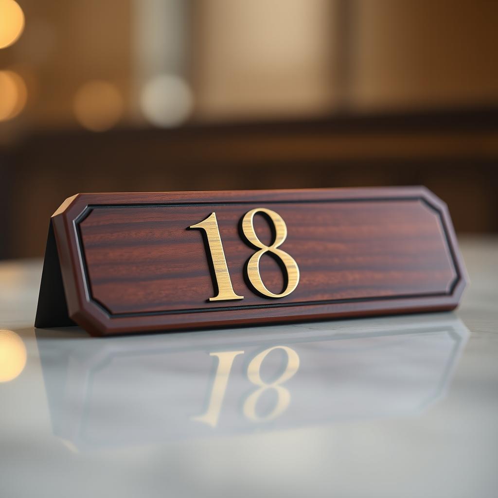 A close-up view of a stylish name plate featuring the number 18 designed in an elegant font