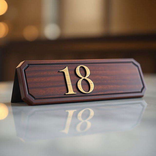 A close-up view of a stylish name plate featuring the number 18 designed in an elegant font