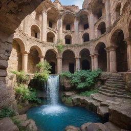 An enchanting scene of a historic Armenian monastery, where water mysteriously cascades from the ceiling, adding a divine aura to the weathered stone architecture.