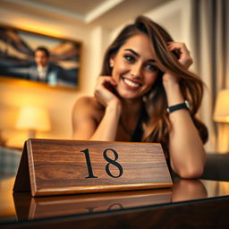 A close-up view of a stylish name plate featuring the number 18 and a beautiful young woman playfully posing beside it