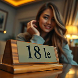 A close-up view of a stylish name plate featuring the number 18 and a beautiful young woman playfully posing beside it