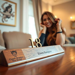 A close-up view of a stylish name plate featuring the number 18 and a beautiful young woman playfully posing beside it