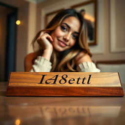 A close-up view of a stylish name plate featuring the number 18 and a beautiful young woman playfully posing beside it