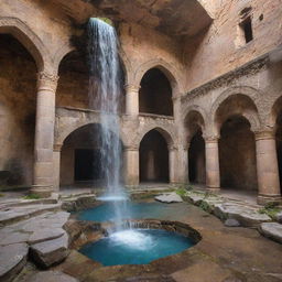 An enchanting scene of a historic Armenian monastery, where water mysteriously cascades from the ceiling, adding a divine aura to the weathered stone architecture.