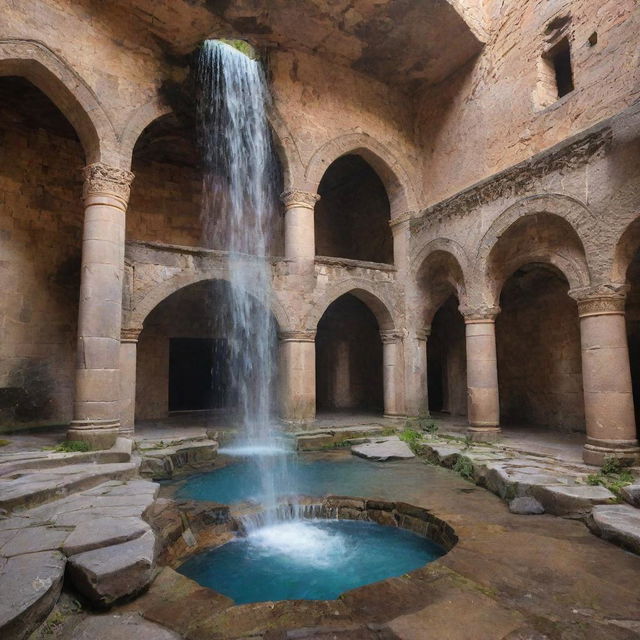 An enchanting scene of a historic Armenian monastery, where water mysteriously cascades from the ceiling, adding a divine aura to the weathered stone architecture.