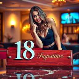 A vibrant scene featuring a stylish name plate with the number 18 prominently displayed, accompanied by a stunning young woman playfully posing next to it