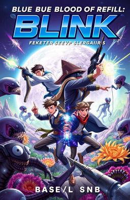 An epic book cover illustration featuring four male adventurers engaged in a fierce battle against aliens as they attempt to defend their planet from invasion