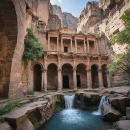 An enchanting scene of a historic Armenian monastery, where water mysteriously cascades from the ceiling, adding a divine aura to the weathered stone architecture.