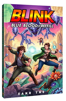 An epic book cover illustration featuring four male adventurers engaged in a fierce battle against aliens as they attempt to defend their planet from invasion