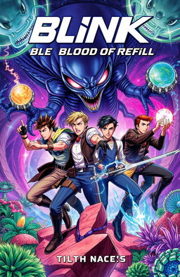 An epic book cover illustration featuring four male adventurers engaged in a fierce battle against aliens as they attempt to defend their planet from invasion