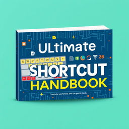 A visually engaging and informative handbook cover design focusing on keyboard shortcuts for computers and applications