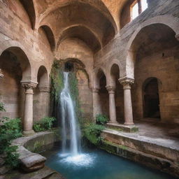 An enchanting scene of a historic Armenian monastery, where water mysteriously cascades from the ceiling, adding a divine aura to the weathered stone architecture.