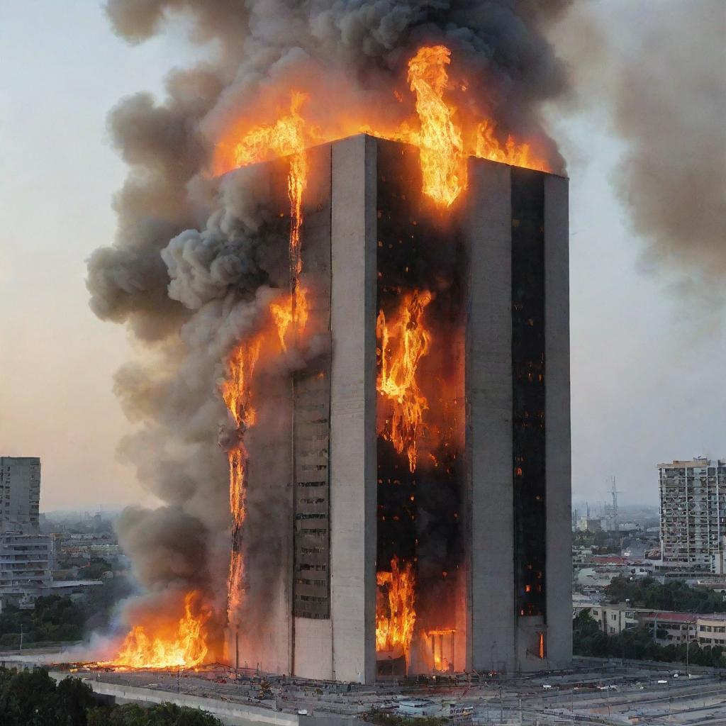 A towering concrete building engulfed in flames, with multiple thermocouples attached to measure the temperature varying with the intensity of fire.