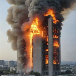 A towering concrete building engulfed in flames, with multiple thermocouples attached to measure the temperature varying with the intensity of fire.