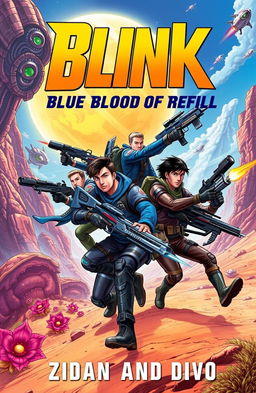 A dynamic and action-packed book cover illustration featuring four male adventurers engaged in an epic battle against aliens on a vibrant and otherworldly planet