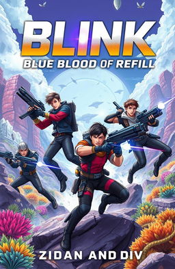 A dynamic and action-packed book cover illustration featuring four male adventurers engaged in an epic battle against aliens on a vibrant and otherworldly planet