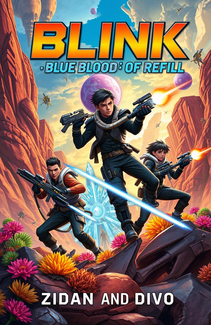 A dynamic and action-packed book cover illustration featuring four male adventurers engaged in an epic battle against aliens on a vibrant and otherworldly planet