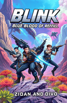 A dynamic and action-packed book cover illustration featuring four male adventurers engaged in an epic battle against aliens on a vibrant and otherworldly planet