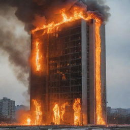 A towering concrete building engulfed in flames, with multiple thermocouples attached to measure the temperature varying with the intensity of fire.