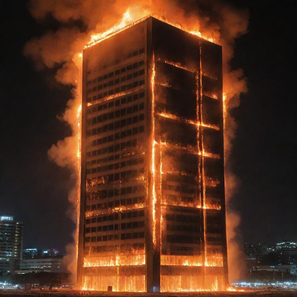 A towering concrete building engulfed in flames, with multiple thermocouples attached to measure the temperature varying with the intensity of fire.